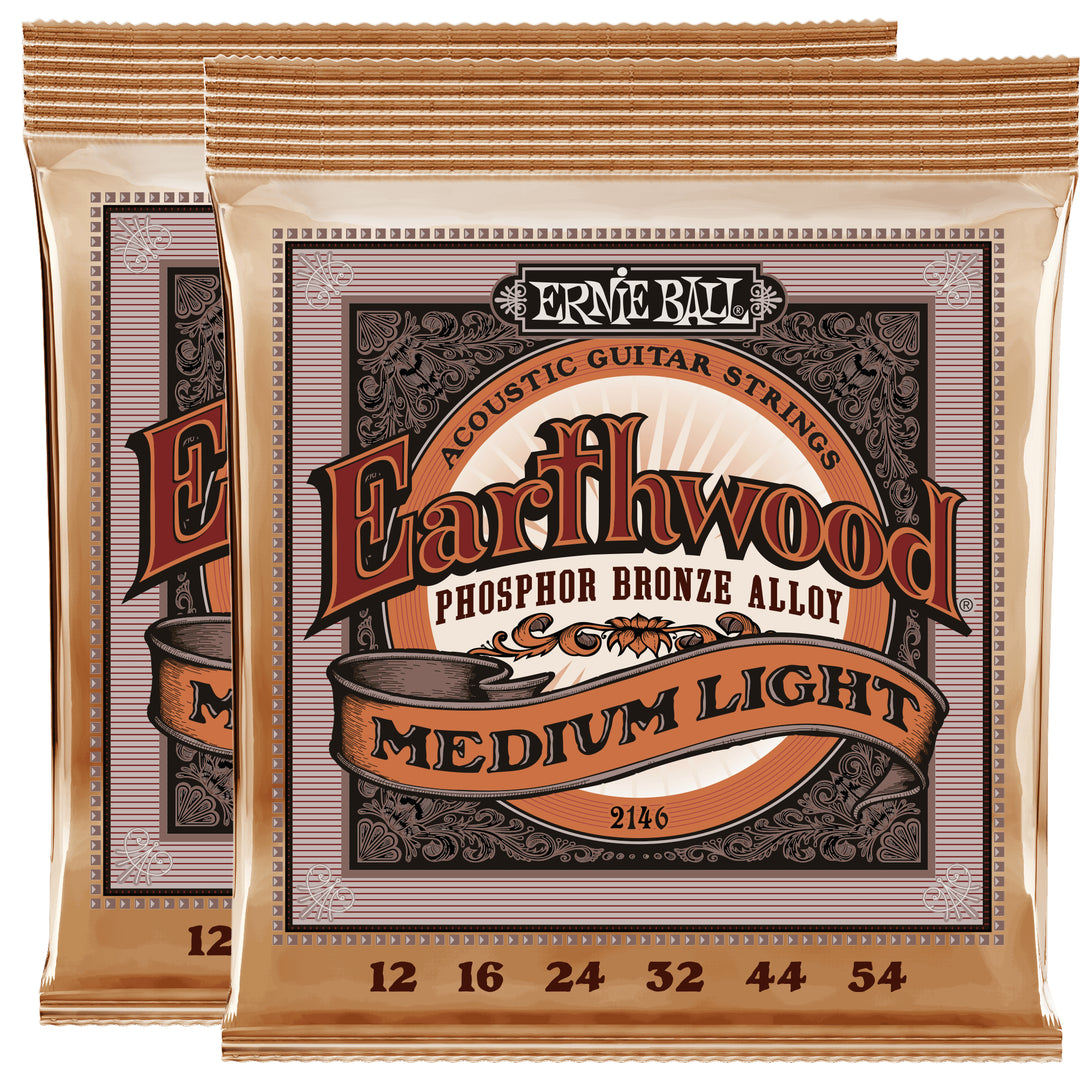 Ernie Ball Medium Light Earthwood Phosphor Bronze Acoustic Guitar Strings 12-54 Gauge - 2-Pack