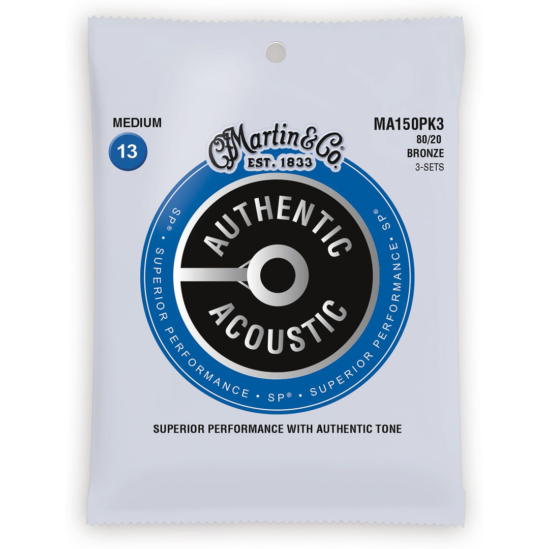 Martin Authentic SP 80/20 Bronze Acoustic Guitar Strings, MA150, 3-Pack, Medium