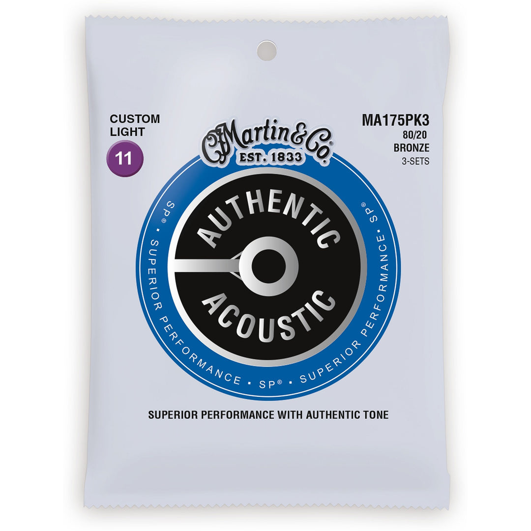 Martin Authentic SP 80/20 Bronze Acoustic Guitar Strings, MA175, 3-Pack, Custom Light