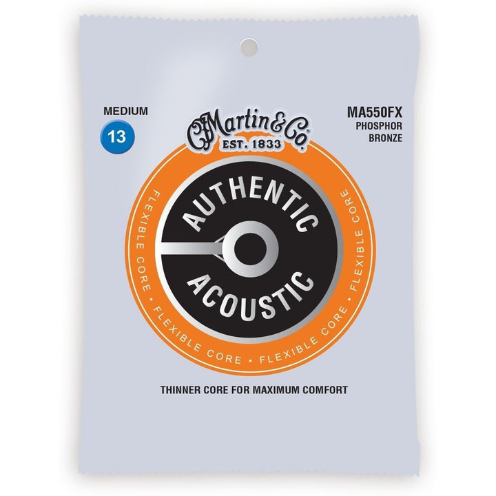 Martin Authentic Acoustic Flexible Core Phosphor Bronze Custom Acoustic Guitar Strings, MA550FX, Medium, 13-56