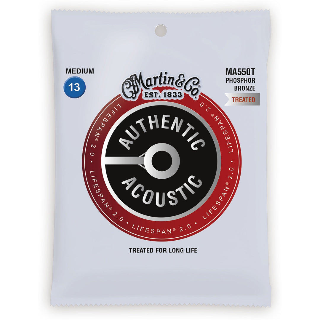 Martin Authentic Lifespan 2.0 Treated Phosphor Bronze Acoustic Guitar Strings, MA550T, Medium