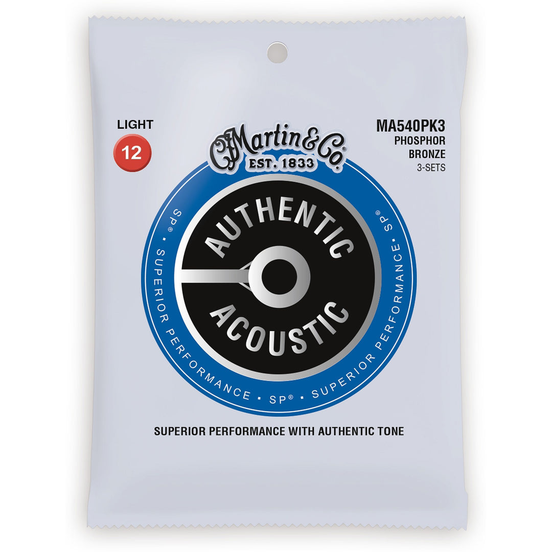 Martin Authentic SP Phosphor Bronze Acoustic Guitar Strings, MA540, 3-Pack, Light