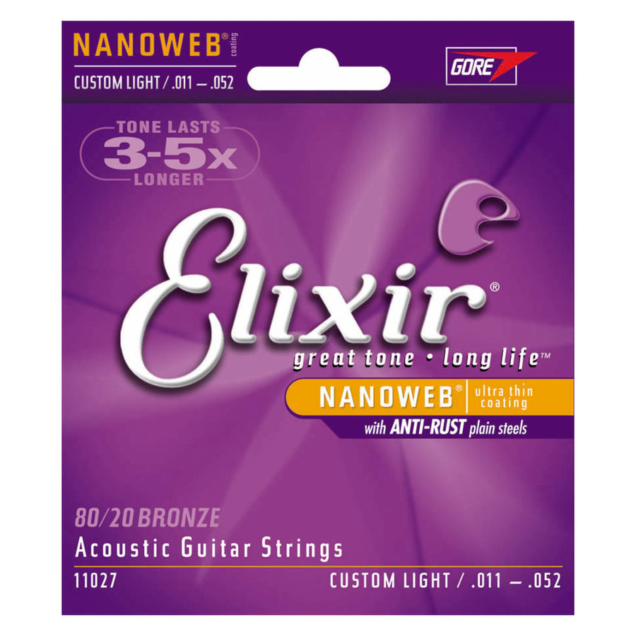 Elixir 80/20 Bronze Acoustic Guitar Strings With Nanoweb Coating, 11027, Custom Light