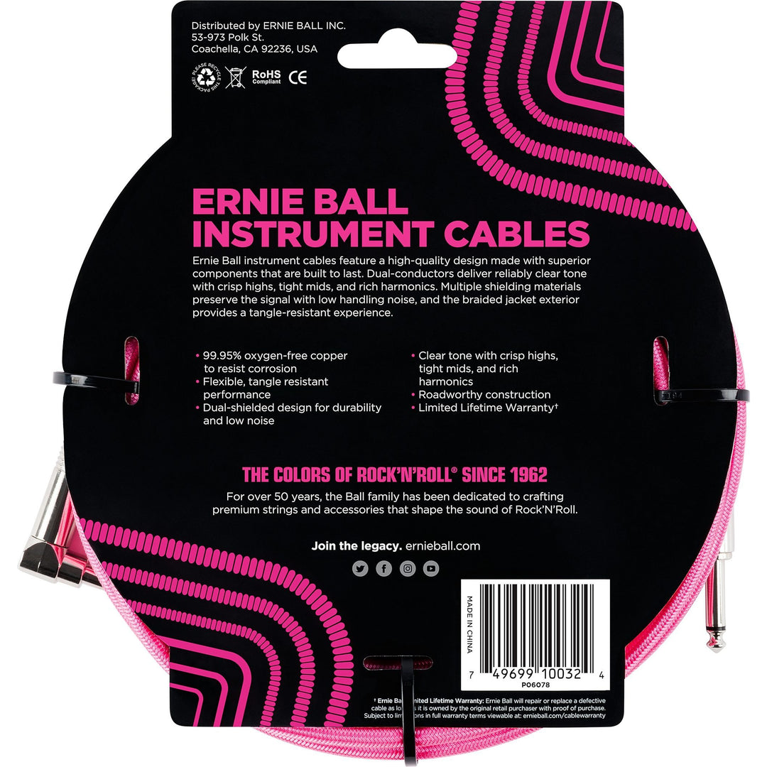 Ernie Ball Braided Instrument Cable, Neon Pink, 10 Foot