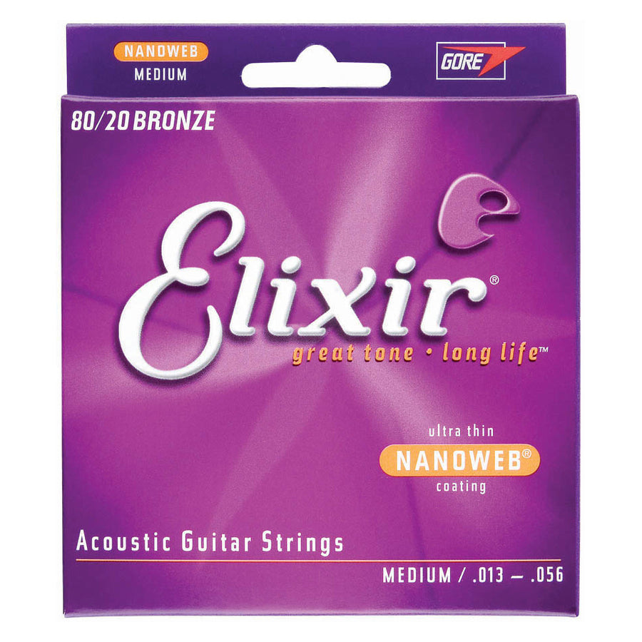 Elixir 80/20 Bronze Acoustic Guitar Strings With Nanoweb Coating, 11102, Medium