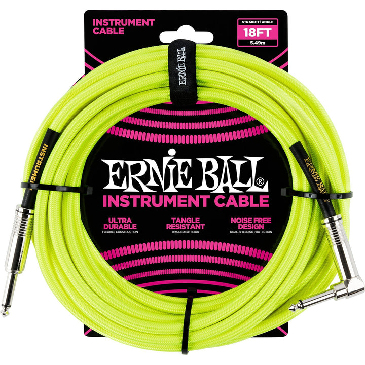 Ernie Ball Braided Instrument Cable, Neon Yellow, 18'