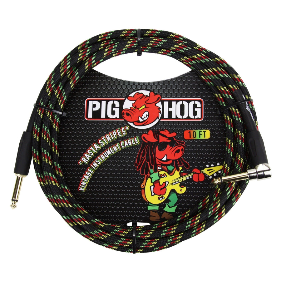 Pig Hog Color Instrument Cable, 1/4 Inch Straight to 1/4 Inch Right Angle, Rasta Stripe, 10 Foot