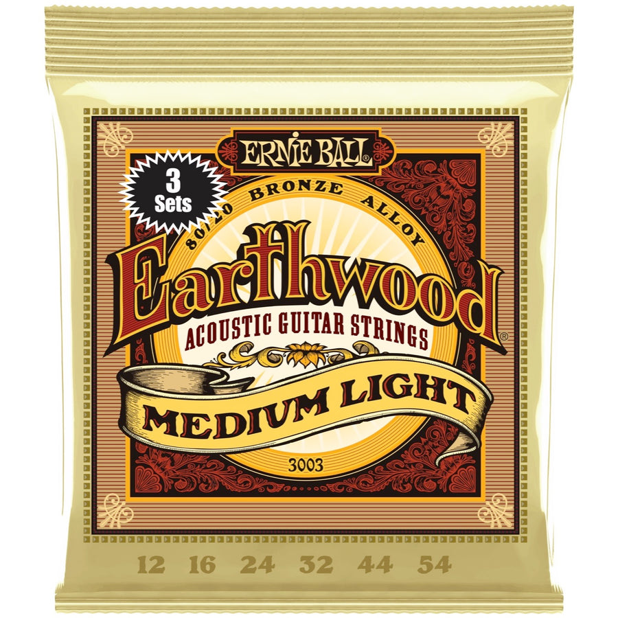 Ernie Ball Earthwood 80/20 Bronze Acoustic Guitar Strings, 3003, 3-Pack , 12-54, Medium Light