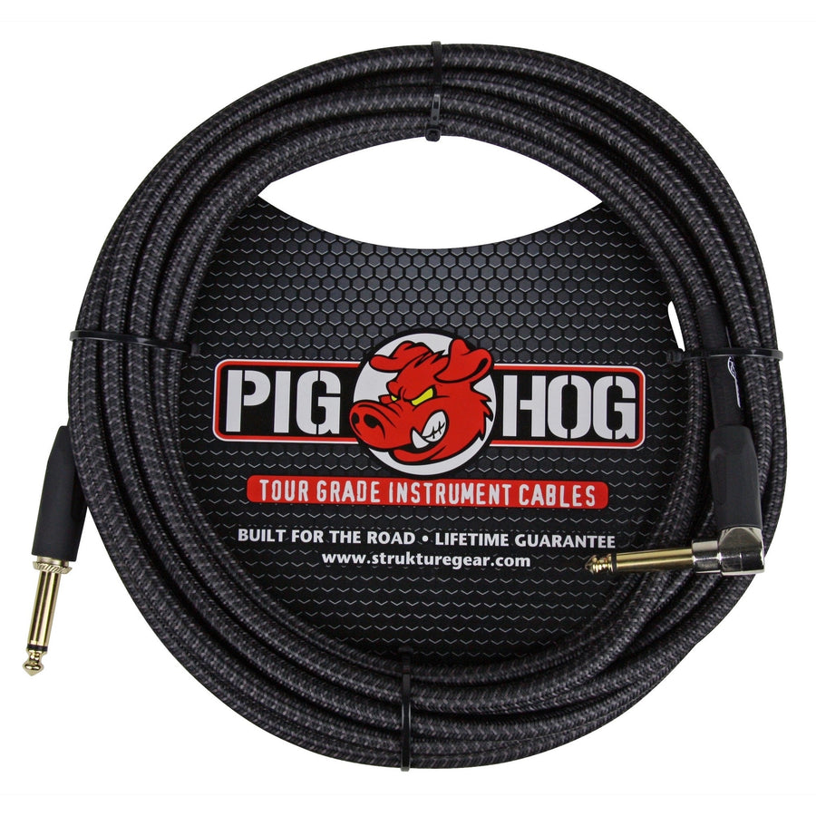 Pig Hog Color Instrument Cable, 1/4 Inch Straight to 1/4 Inch Right Angle, Black Woven, 20'