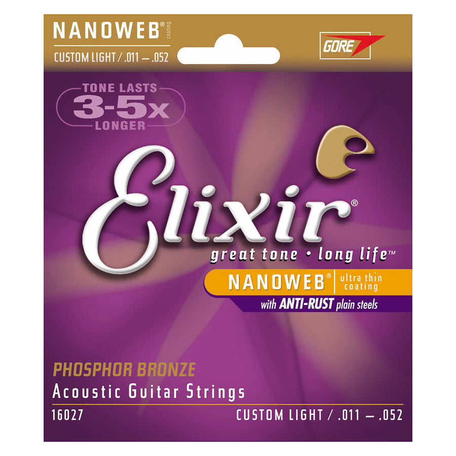 Elixir Phosphor Bronze Acoustic Guitar Strings with Nanoweb Coating, 16027, Custom Light