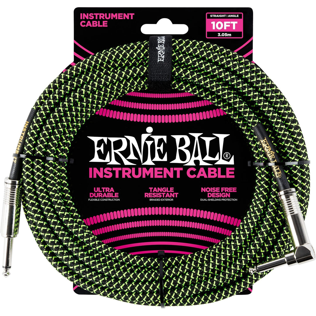 Ernie Ball Braided Instrument Cable, Black and Green, 10 Foot