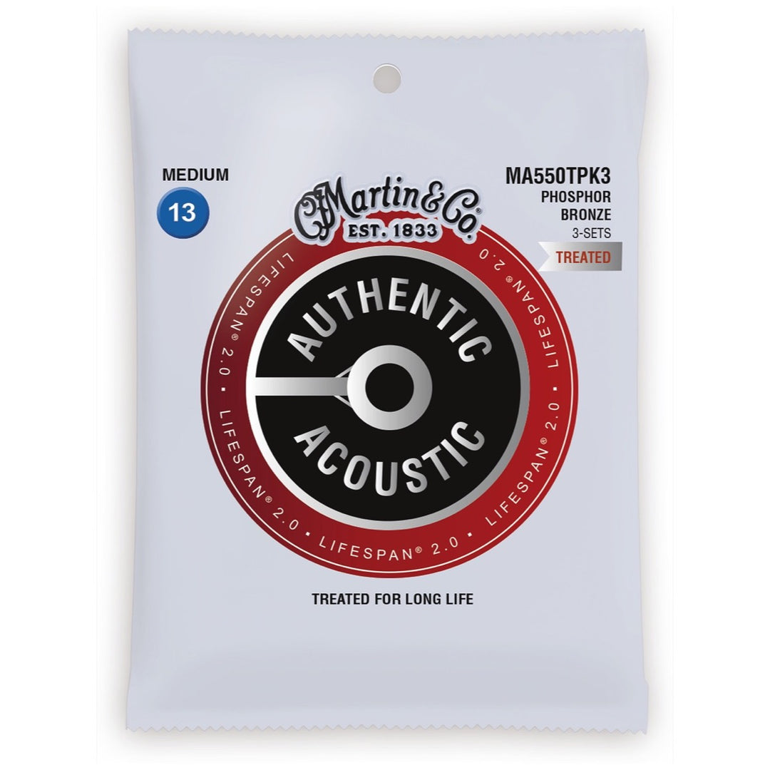 Martin Authentic Lifespan 2.0 Treated Phosphor Bronze Acoustic Guitar Strings, MA550T, 3-Pack, Medium