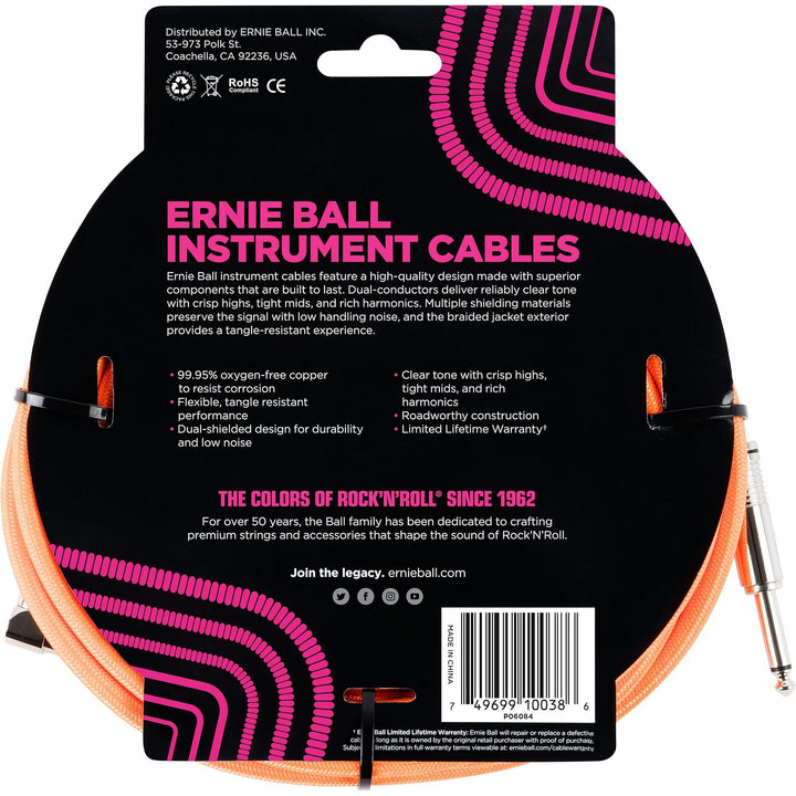 Ernie Ball Braided Instrument Cable, Neon Orange, 18'